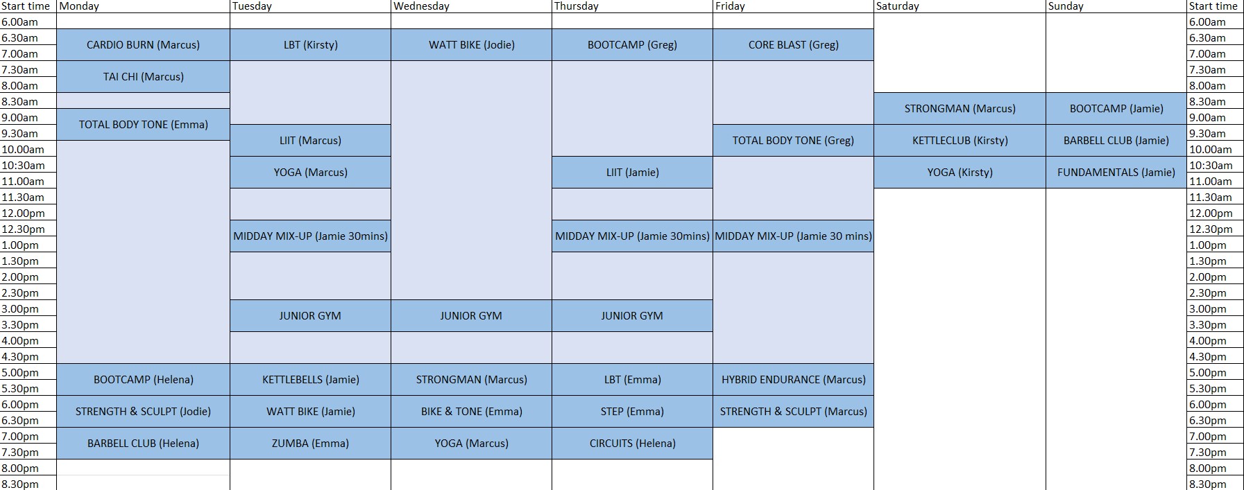 Class timetable
